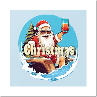 Christmas in July Santa on the waves Posters and Art